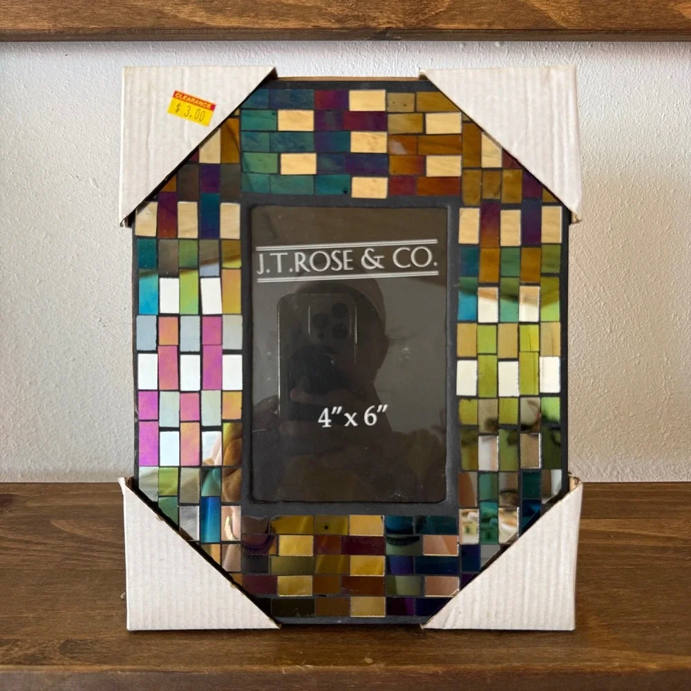 JT Rose & Co Iridescent Mirrored Mosaic Glass Picture Frame 4x6 Multicolor